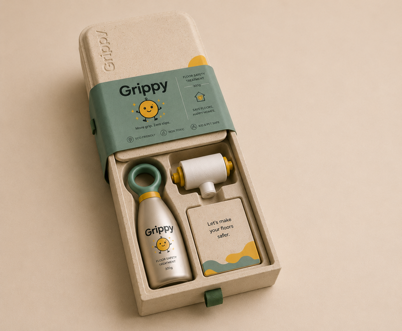 The open Grippy kit with bottle, roller and instruction card