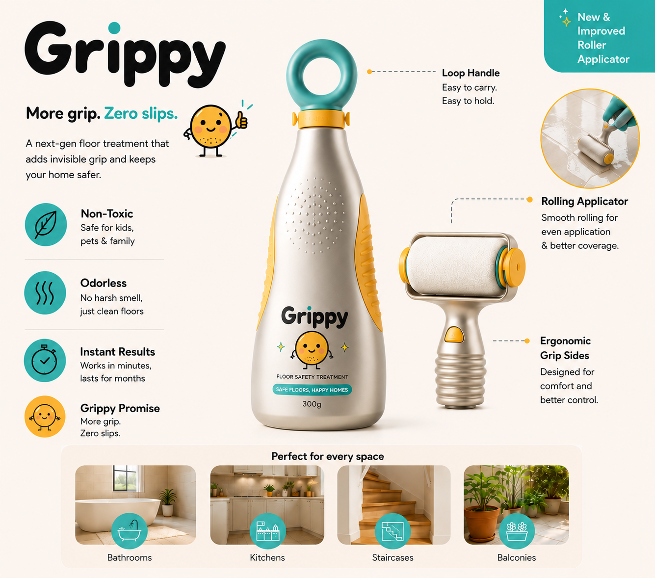 Grippy kit features: loop handle, rolling applicator, ergonomic grip sides